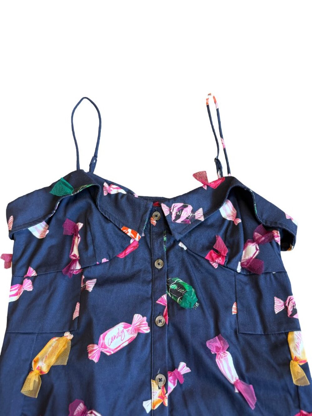 Maeve Navy Candy Print Ruffle Button Front Dress Stretchy Size 8 Women's - Picture 3 of 13